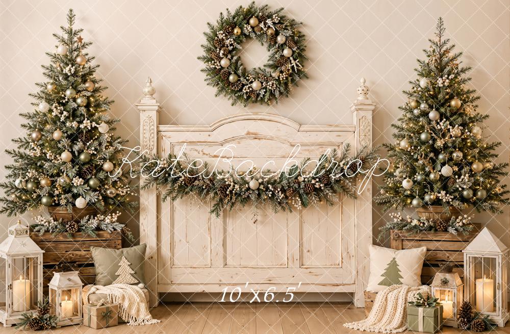 Kate Christmas Rustic Headboard Trees Wreath Lanterns Printed Backdrop Designed by Emetselch