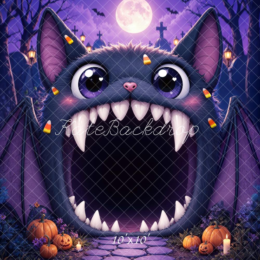 Kate Halloween Trunk or Treat Purple Bat Monster Pumpkins Cobblestone Printed Backdrop Designed by Mini MakeBelieve