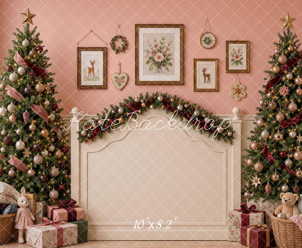 Kate Christmas Headboard Pink Trees Garland Printed Backdrop Designed by Shutter Swan Studios