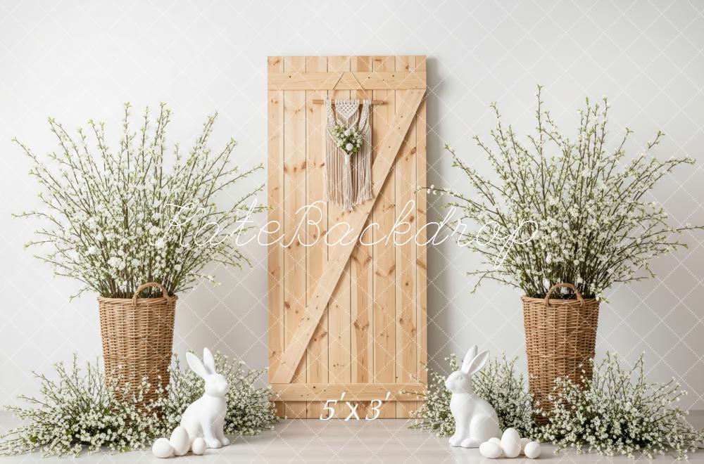 Kate Easter Bunny Wooden Door Wicker Baskets White Flowers Backdrop Designed by Patty Roberts