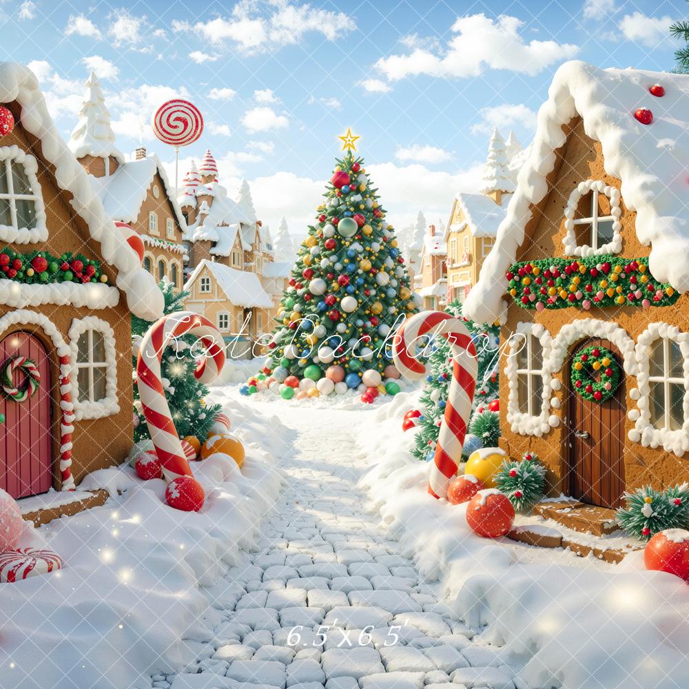 Kate Christmas Gingerbread Houses Village Candy Cane Christmas Tree Printed Backdrop Designed by Mini MakeBelieve