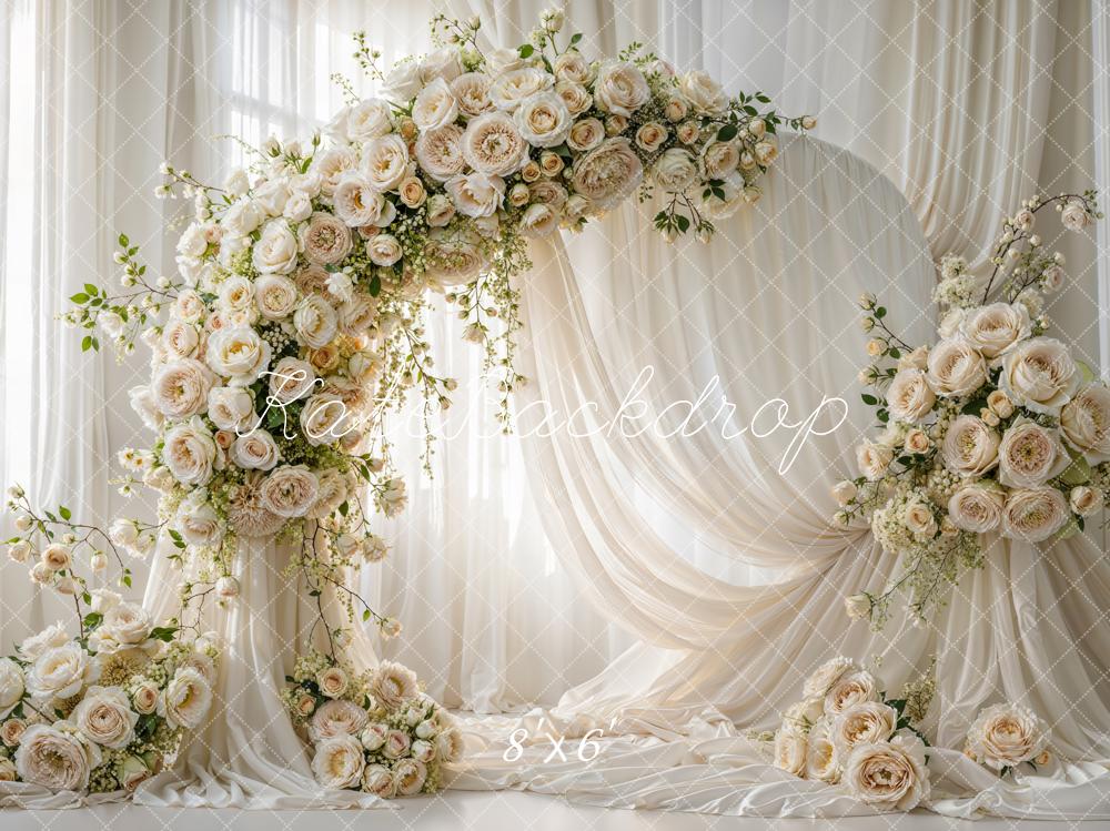 Kate Summer Flower Arch Cream Roses Draped Fabric Printed Backdrop Designed by Emetselch