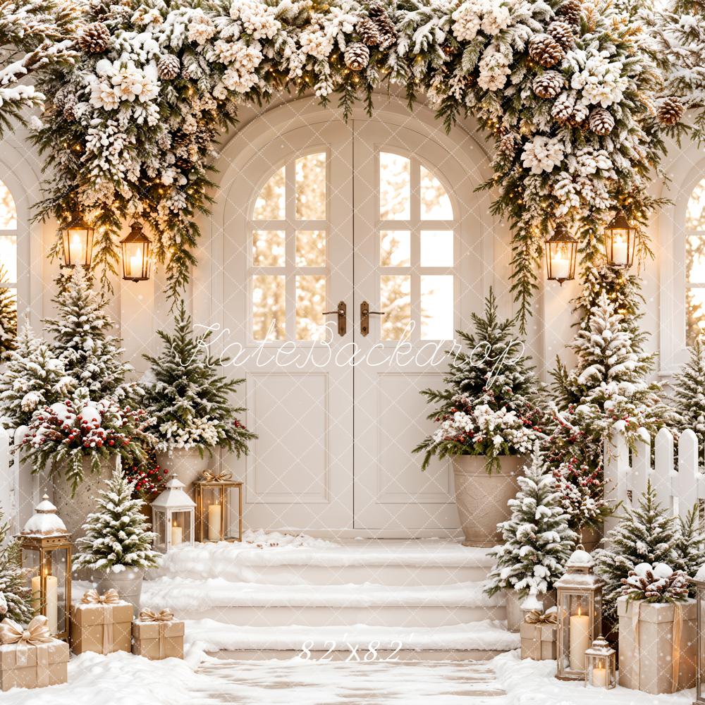 Kate Christmas Snowy Porch Pine Garland Lanterns White Fence Printed Backdrop Designed by Emetselch