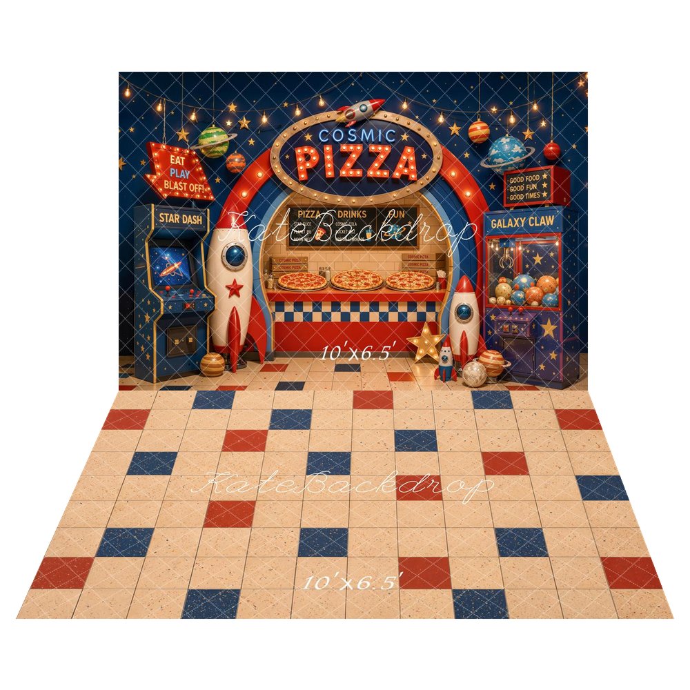 Kate Space Pizza Shop Arcade Rockets Claw Machine Planets Printed Backdrop+Checkerboard Beige Red Blue Tiles Floor Printed Backdrop