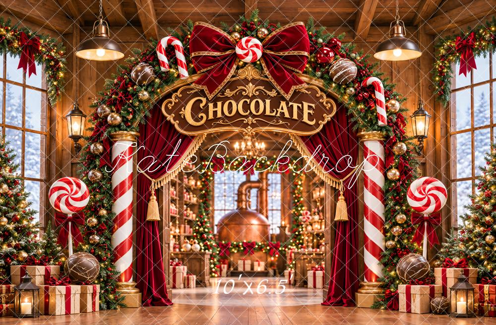 Kate Christmas Chocolate Factory Candy Cane Arch Bow Printed Backdrop Designed by Emetselch