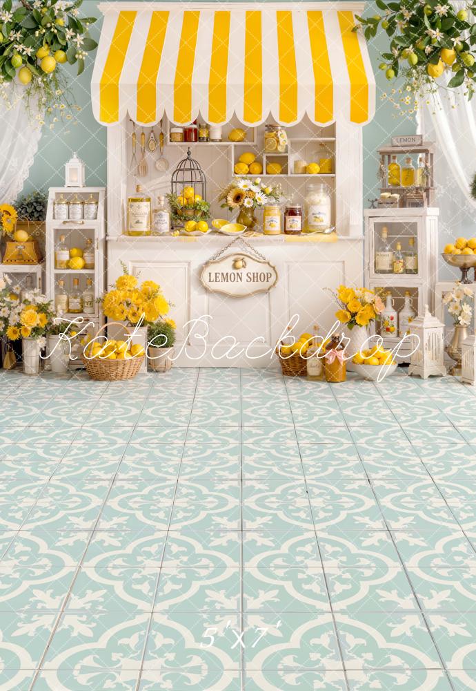 Kate Summer Lemon Shop Yellow Striped Awning Floral Floor Printed Backdrop Printed Backdrop Designed by Emetselch