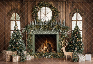 Kate Christmas Tree Wood Fireplace Wreath Deer Printed Backdrop Designed by Emetselch