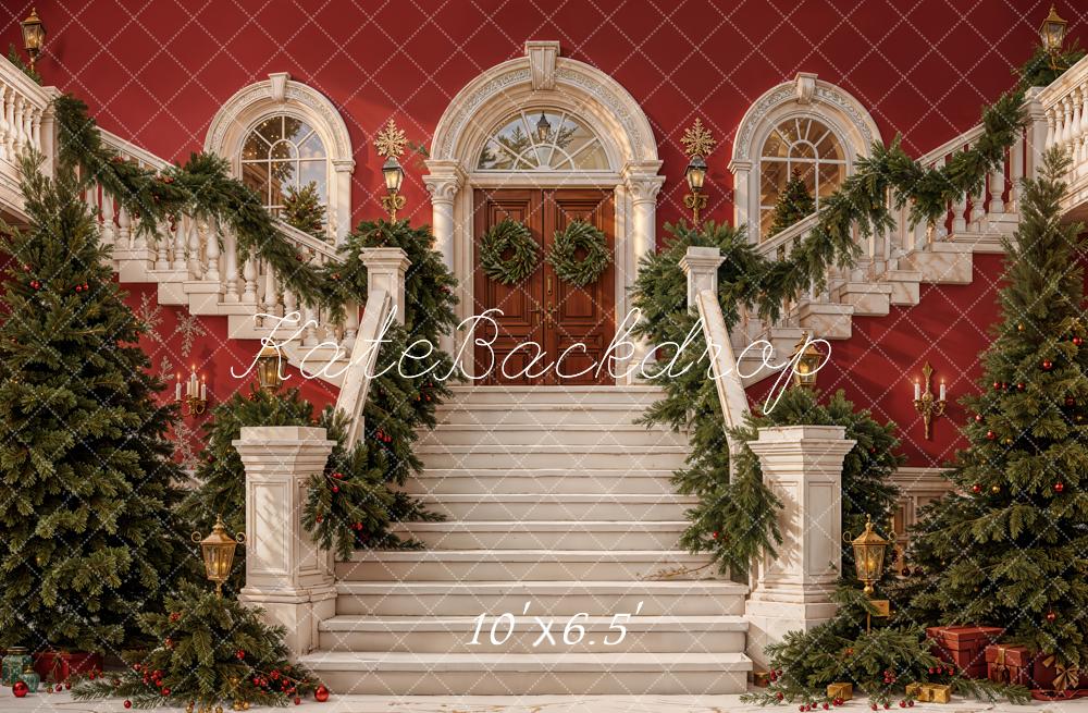 Fondo de Escaleras en Cascada de Navidad en Mansion Roja con Guirnaldas y Árboles Diseñado por Emetselch