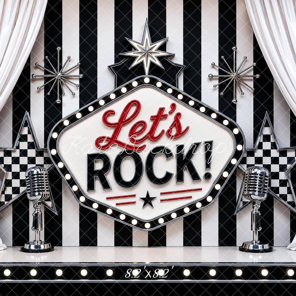 Kate Retro Rock Stage Microphone Star Printed Black And White Striped Backdrop Printed Backdrop Designed by Ashley Ward