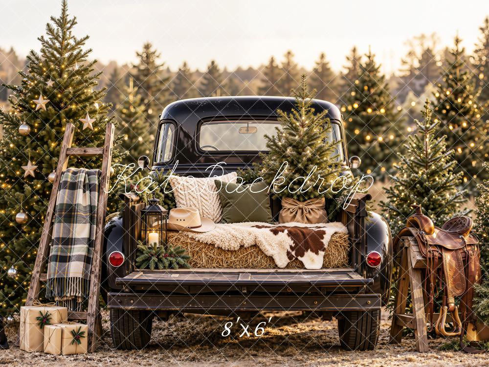 Kate Christmas Vintage Black Truck Pine Trees Ladder Saddle Printed Backdrop Designed by Emetselch