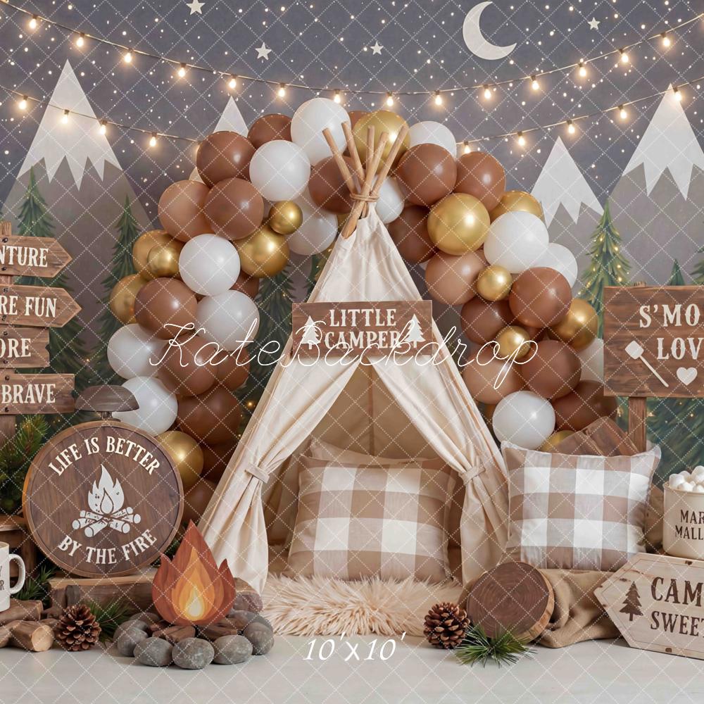 Kate Cake Smash Camping Tent Forest Campfire String Lights Printed Backdrop Designed by Mini MakeBelieve