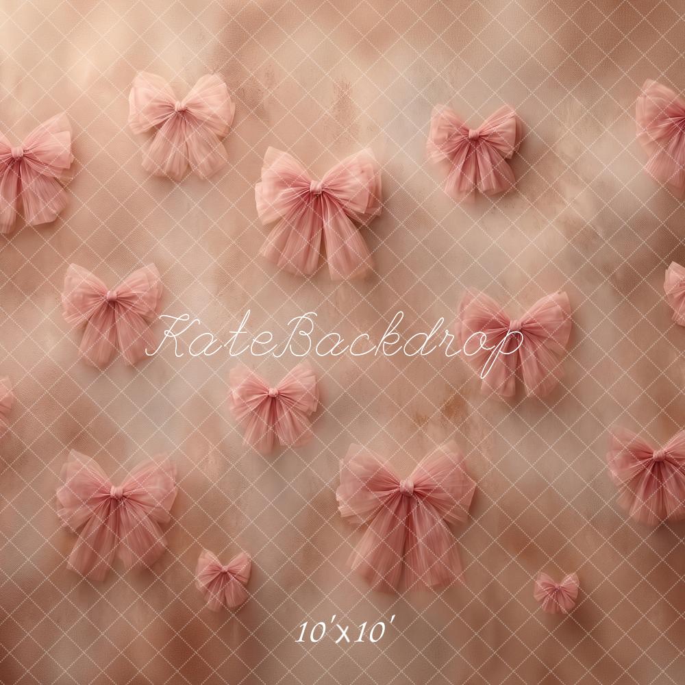 Kate Romantic Soft Pink Bow Tulle Beige Wall Printed Backdrop Printed Backdrop Designed by Angela Miller
