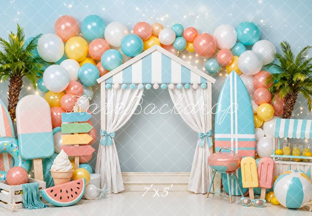 Kate Summer Cake Smash Pool Party Beach Hut Popsicle Surfboard Printed Backdrop Designed by Mini MakeBelieve