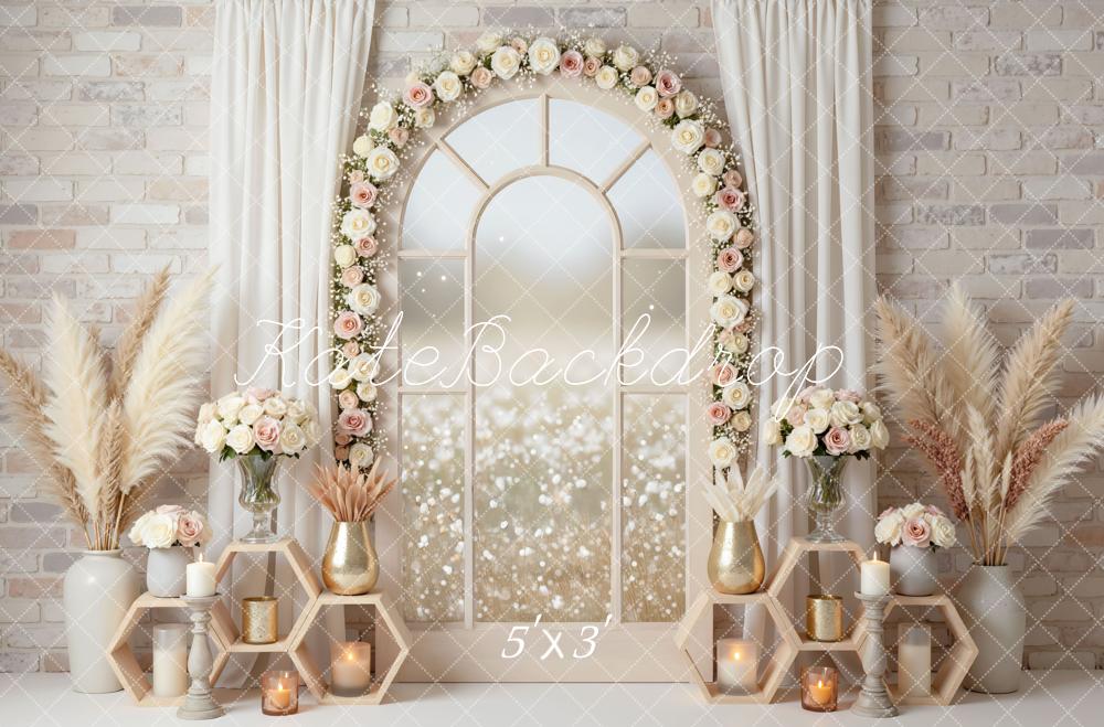 Kate Flower Arch Window Pampas Grass Candles Backdrop Designed by Mini MakeBelieve