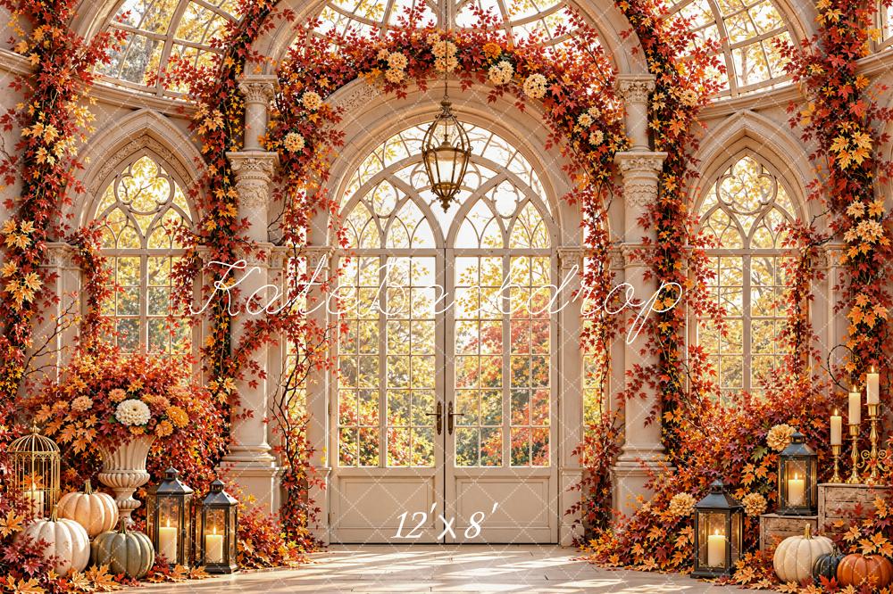 Kate Fall Gothic Greenhouse Pumpkins Flower Arch Orange Leaves Printed Backdrop Designed by Emetselch