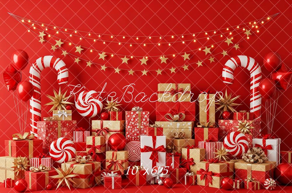 Kate Christmas Red Candy Canes Gift Boxes Stars Balloons Backdrop Designed by Patty Roberts