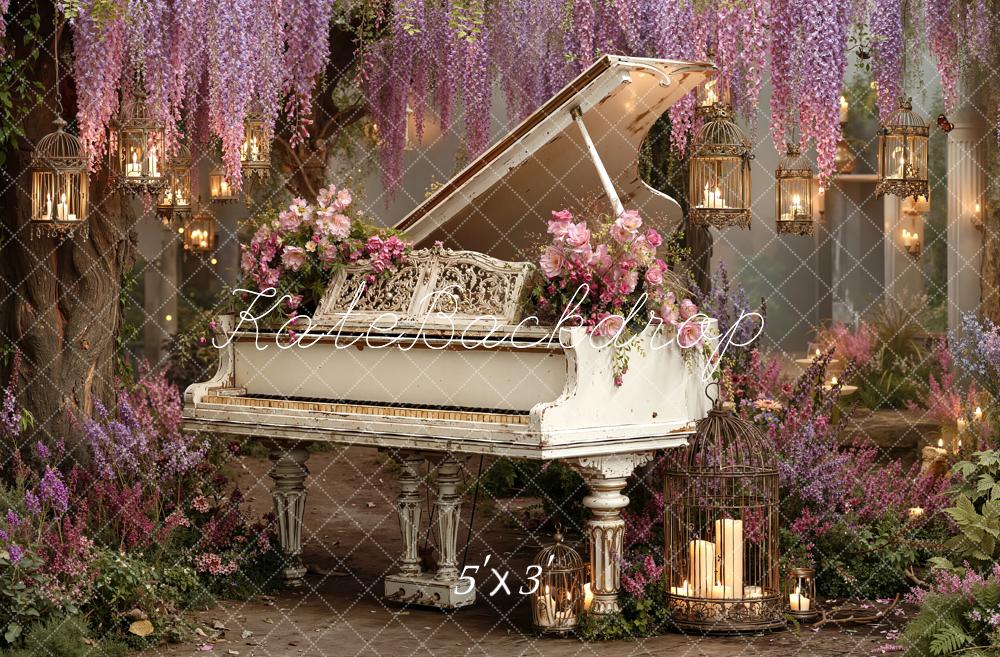 rin　ウォールアート、テープカッター、フォトスタンド Kate Floral White Piano With Hanging Lanterns And Wisteria Printed Bac