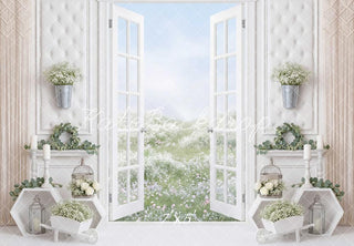 Kate White French Doors Floral Field Printed Backdrop Designed by Mini MakeBelieve