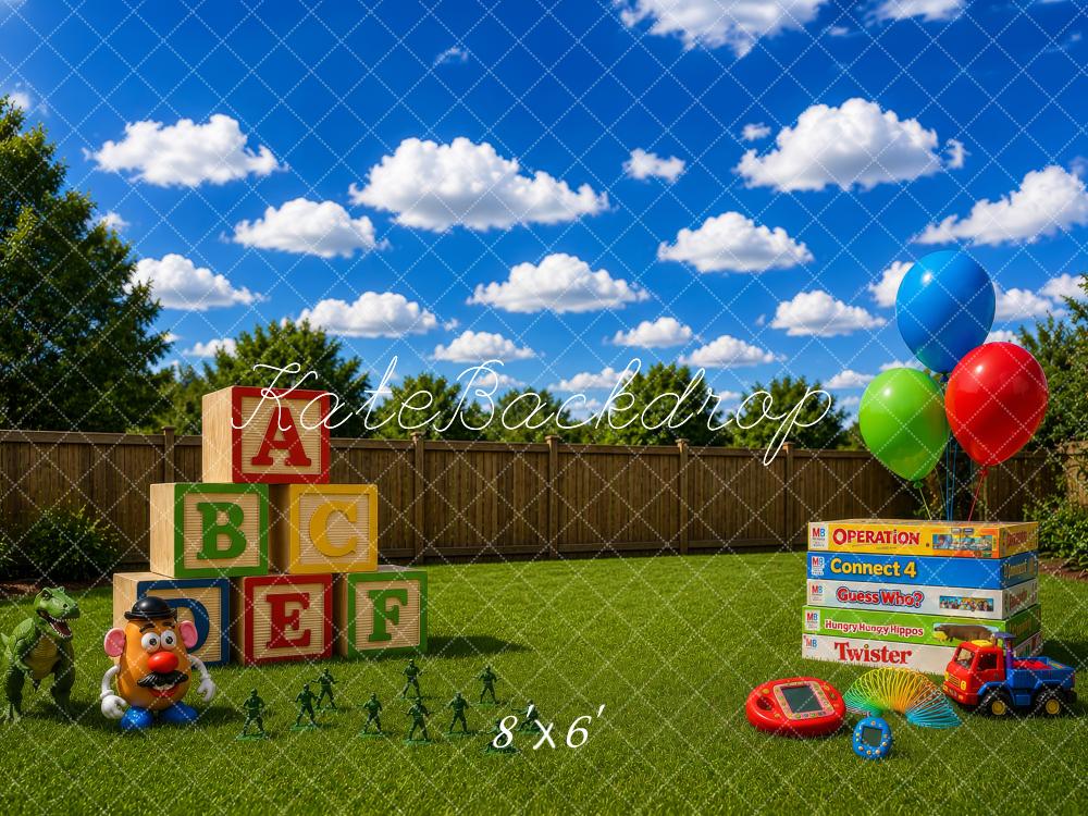 Kate Kids Backyard Toys Balloons Blocks Board Games Printed Backdrop Designed by Megan Leigh Photography
