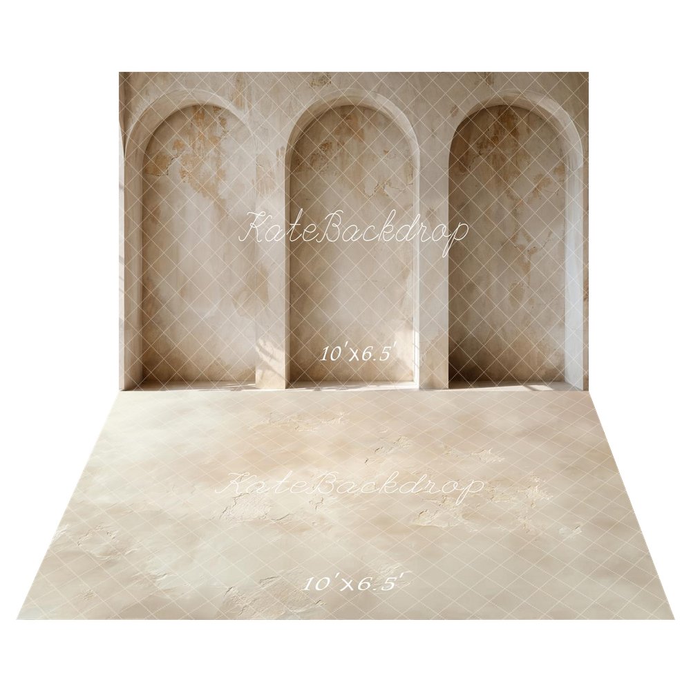 Kate Vintage Arched Alcove Wall Printed Backdrop+Beige Abstract Texture Printed Floor Backdrop