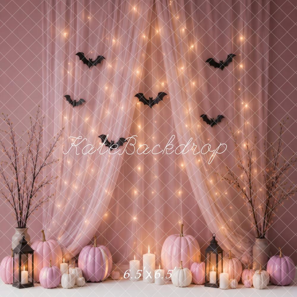 Kate Halloween Blush Pink Pumpkins Bats Fairy Lights Printed Backdrop Designed by Vertigo Productions