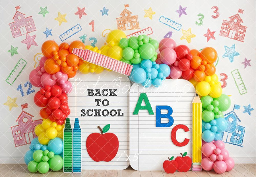 Kate Back to School Rainbow Balloons Crayons Apple Notebook Printed Backdrop Designed by Emetselch