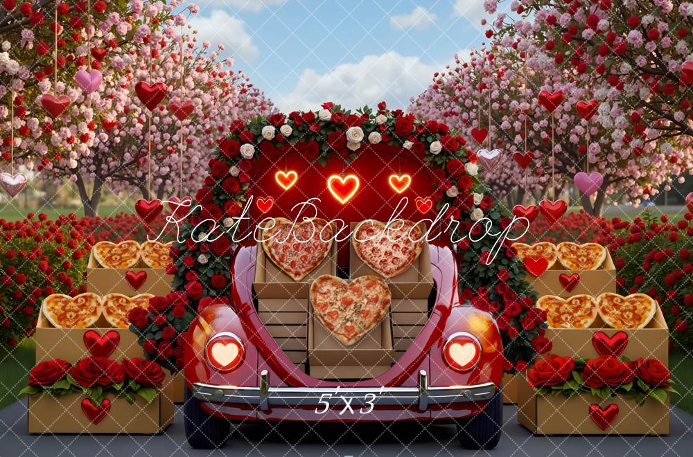 Kate Valentine's Day Heart Pizza Red Car Flower Arch Roses Backdrop Designed by Mini MakeBelieve