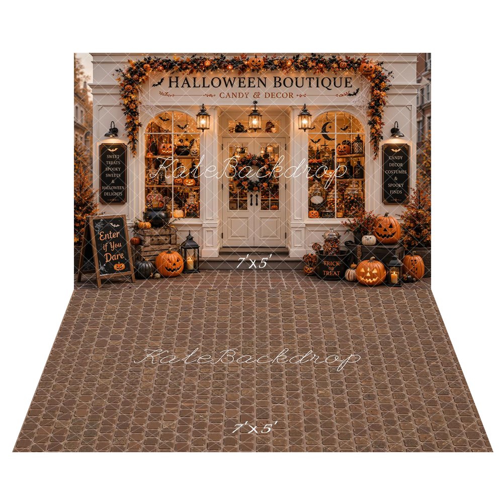 Kate Halloween Candy Boutique Pumpkin Storefront Garland Printed Backdrop+Brown Mosaic Tile Floor Printed Backdrop