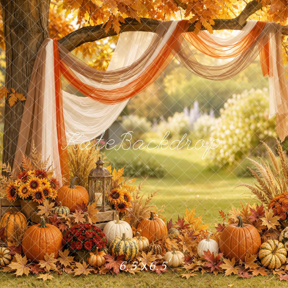 Kate Fall Branch Arch Drapes Pumpkin Floral Outdoor Printed Backdrop Designed by Emetselch