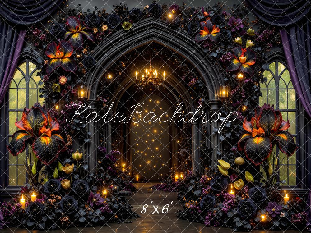 Kate Halloween Gothic Flower Arch Black Roses Chandelier Candles Printed Backdrop Designed by Mini MakeBelieve