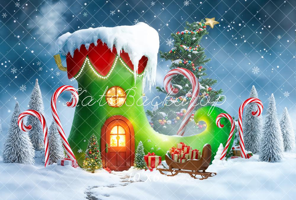 Kate Christmas Elf Shoe House Candy Cane Snowy Trees Backdrop Designed by Emetselch