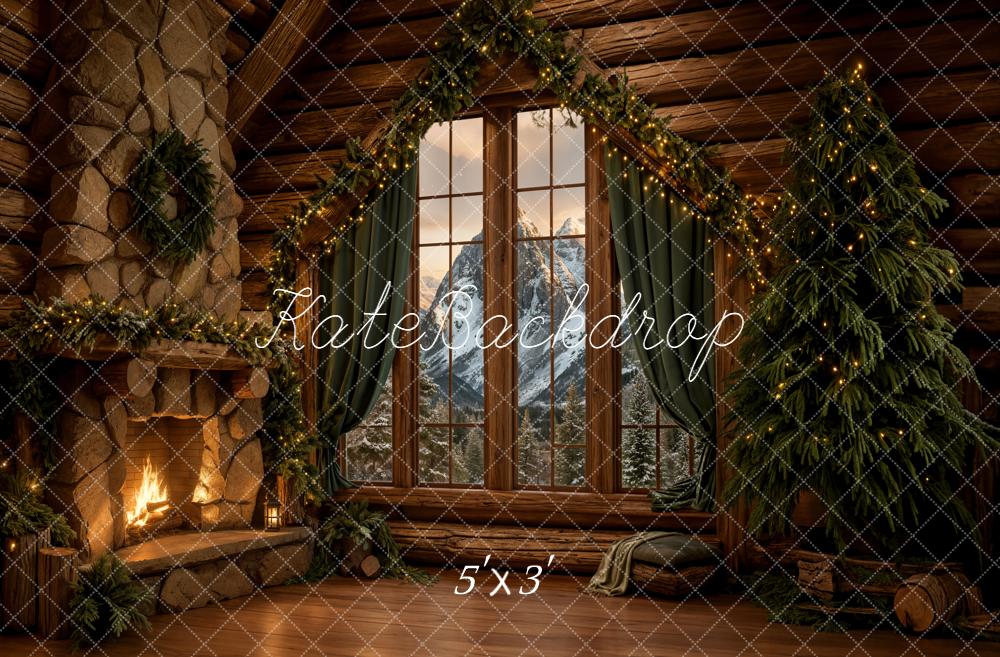 Kate Christmas Rustic Cabin Fireplace Tree Window Backdrop Designed by Emetselch