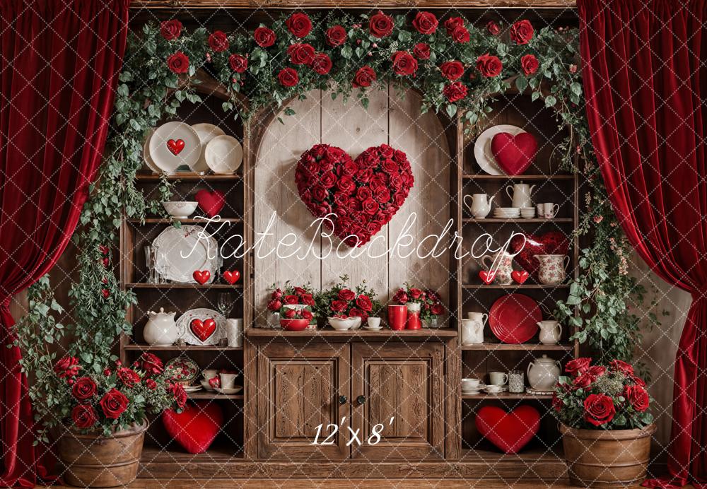 Kate Valentines Red Roses Heart Rustic Cabinet Curtains Backdrop Designed by Emetselch