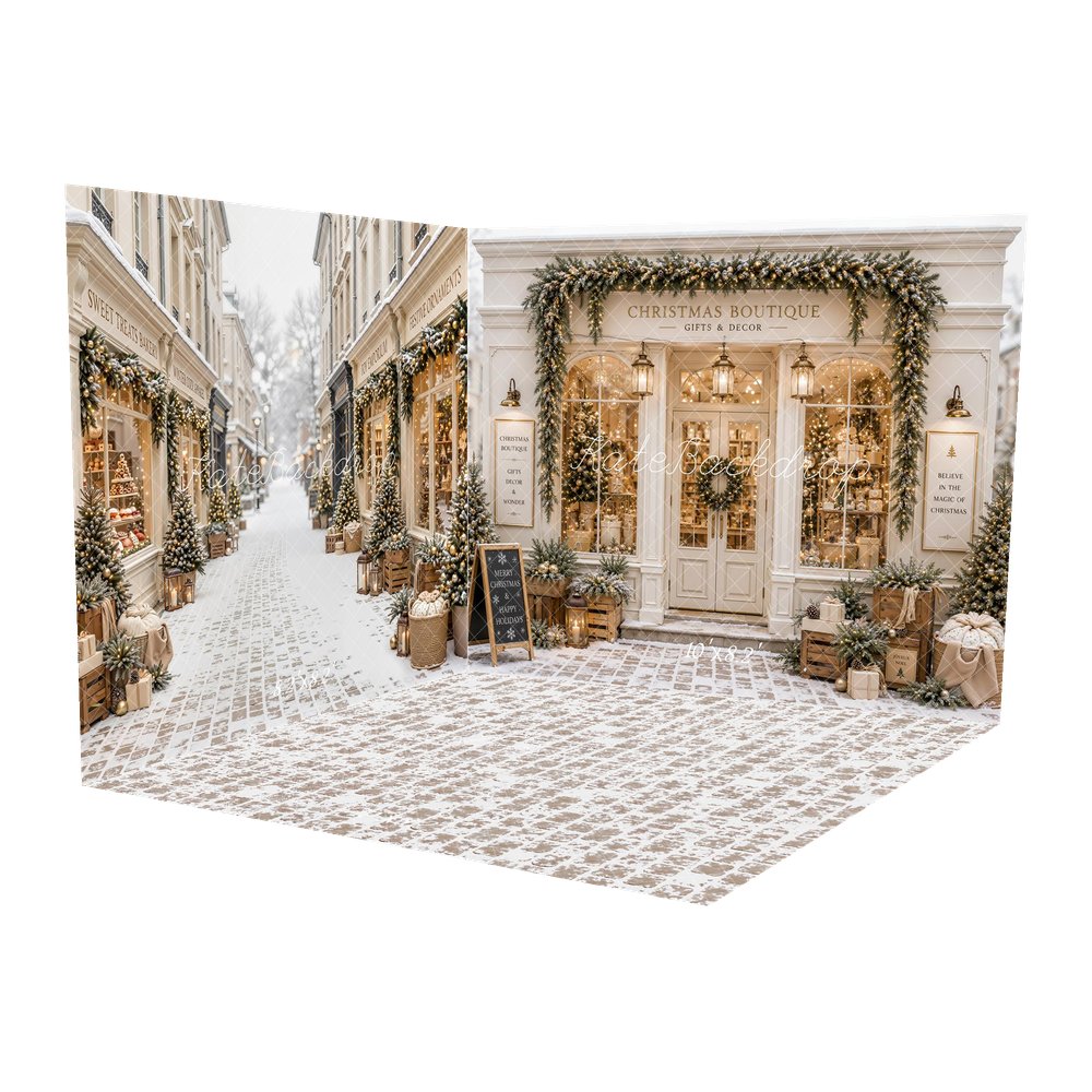 Kate Christmas Boutique Storefront Street Garland Gifts Printed Backdrop Room Set