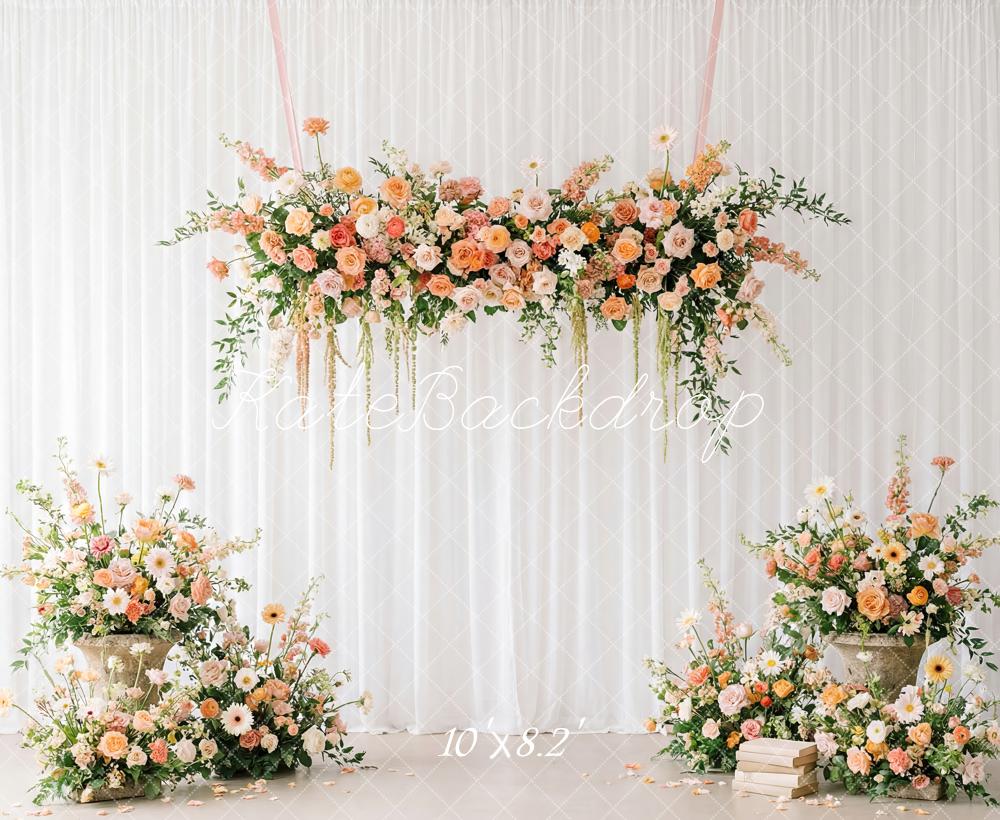 Kate Spring Flower Arch Peach and White Floral Arrangement Printed Backdrop Designed by Patty Roberts