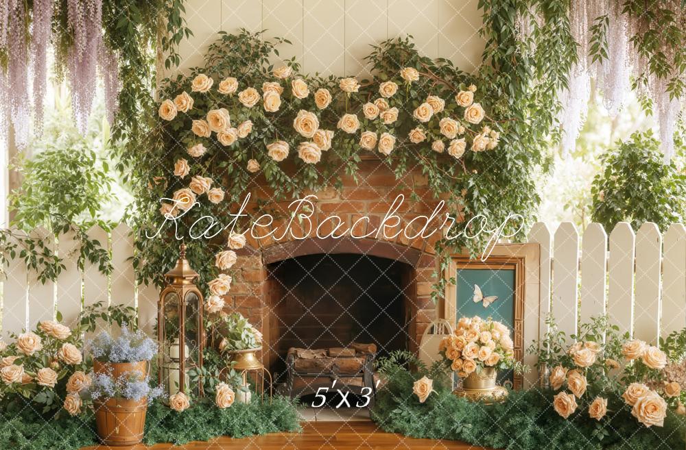 Kate Spring Flower Arch Brick Fireplace Garden Backdrop Designed by Emetselch