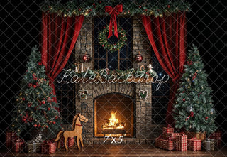 Kate Christmas Fireplace Tree Red Curtain Dark Printed Backdrop Designed by Emetselch