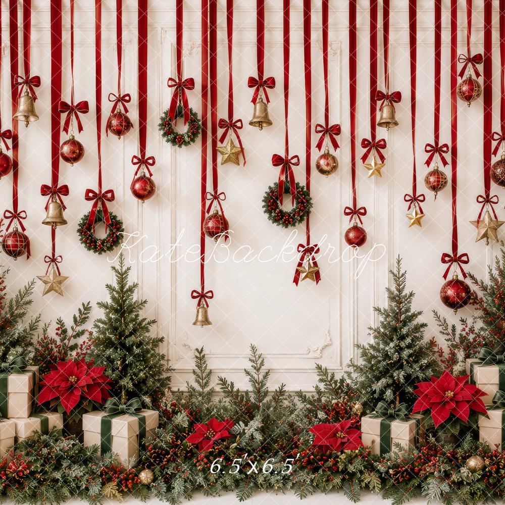 Kate Christmas Red Ribbon Bells Ornaments Greenery Gifts Printed Backdrop Designed by Patty Roberts