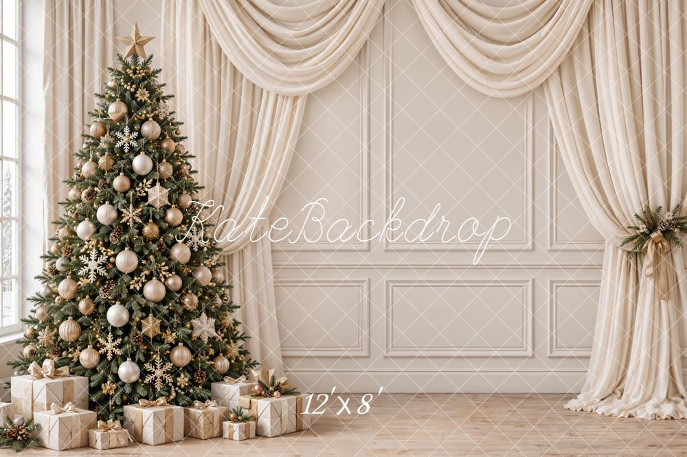 Kate Christmas Tree Gifts Draped Curtains Beige Vintage Wall Printed Backdrop Designed by Emetselch