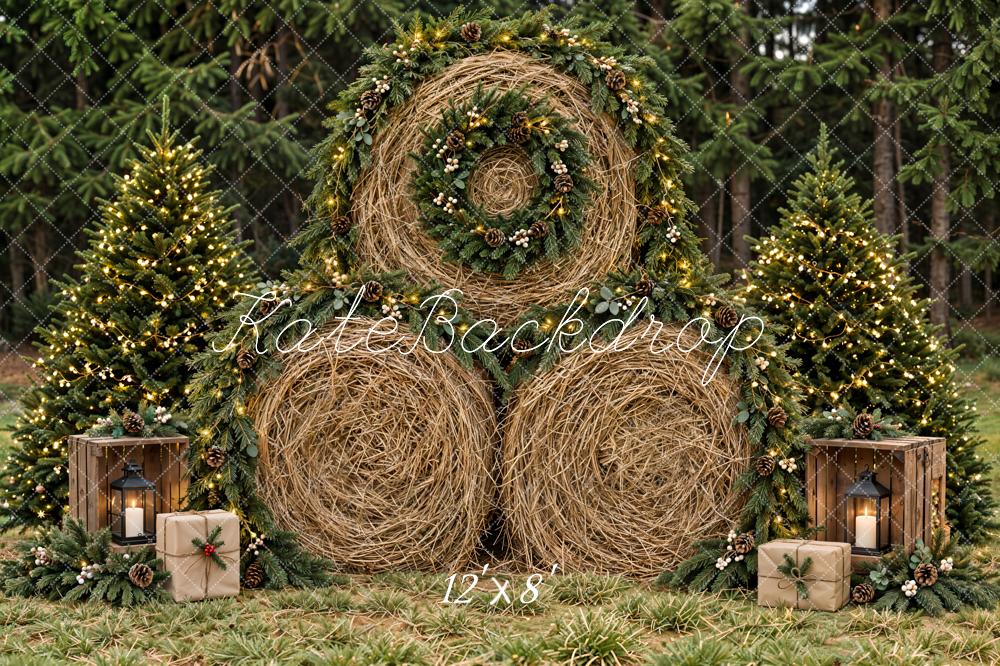 Kate Christmas Hay Bale Wreath Pine Forest Printed Backdrop Designed by Emetselch