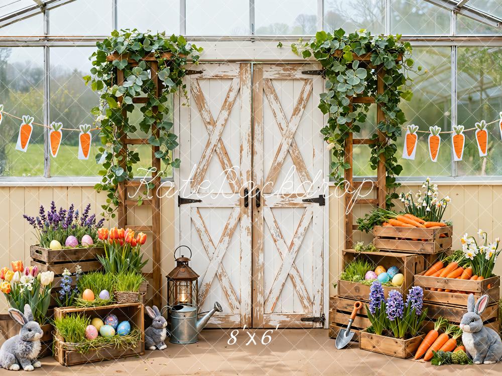Kate Easter Bunny Carrot Greenhouse Rustic Wood Door Backdrop Designed by Emetselch