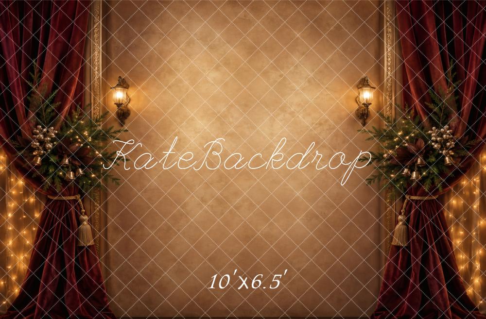 Kate Christmas Burgundy Drapes Garland Lanterns Printed Backdrop Designed by Vertigo Productions
