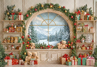 Kate Christmas Teddy Bear Gift Arched Window Printed Backdrop Designed by Emetselch