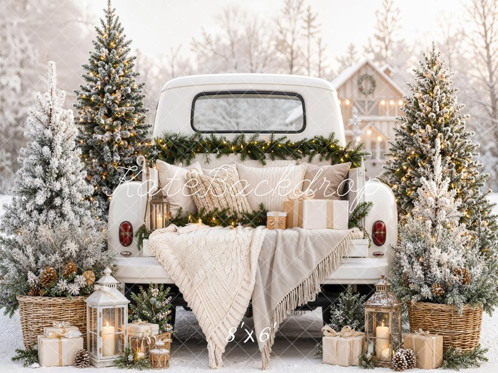 Kate Christmas Vintage White Truck Snowy Trees Blankets Printed Backdrop Designed by Emetselch