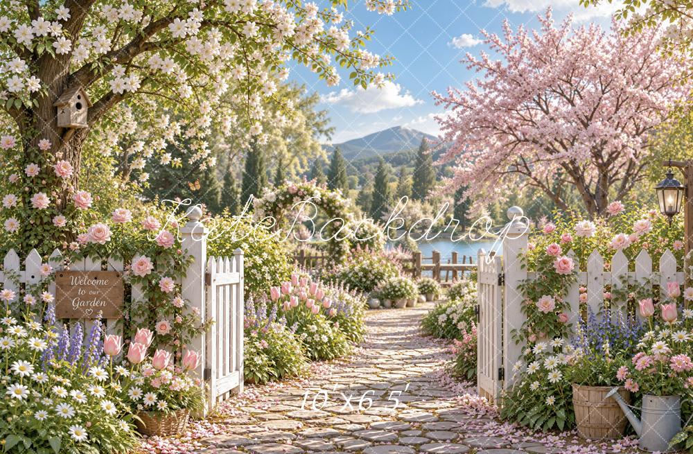 Kate Spring Cherry Blossoms Flower Garden Gate Mountain View Printed Backdrop Designed by Emetselch