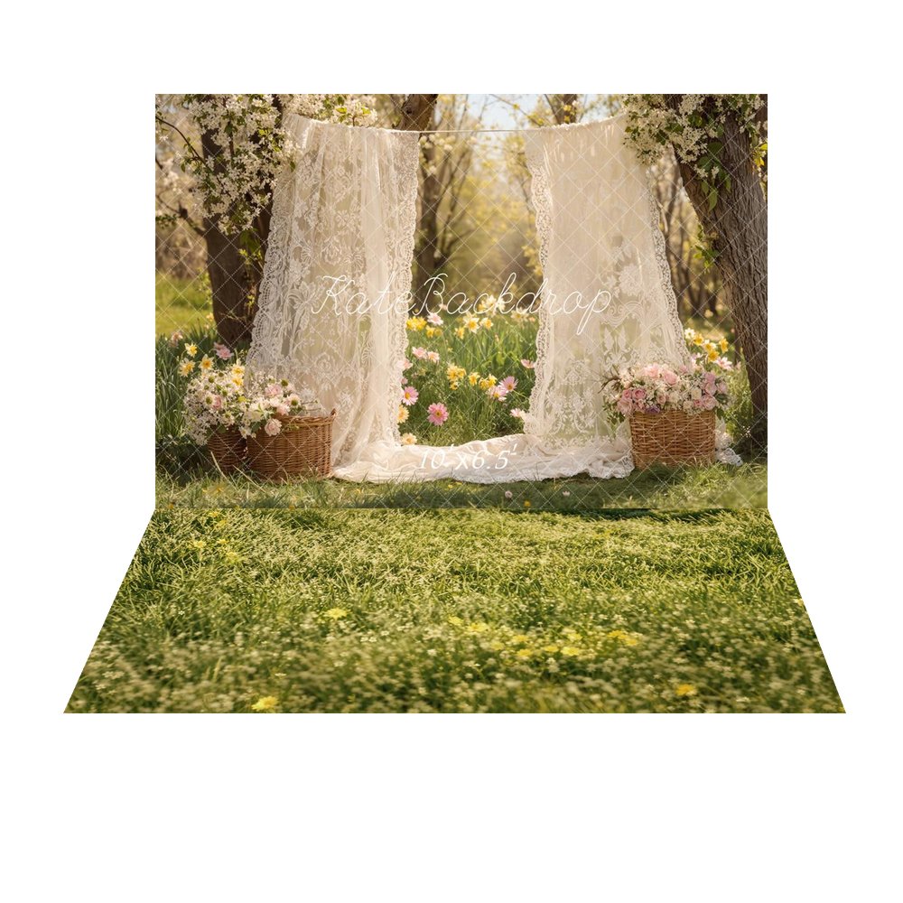 Kate Mother's Day Lace Curtains Flower Baskets Garden Printed Backdrop+Green Grass Meadow Printed Backdrop
