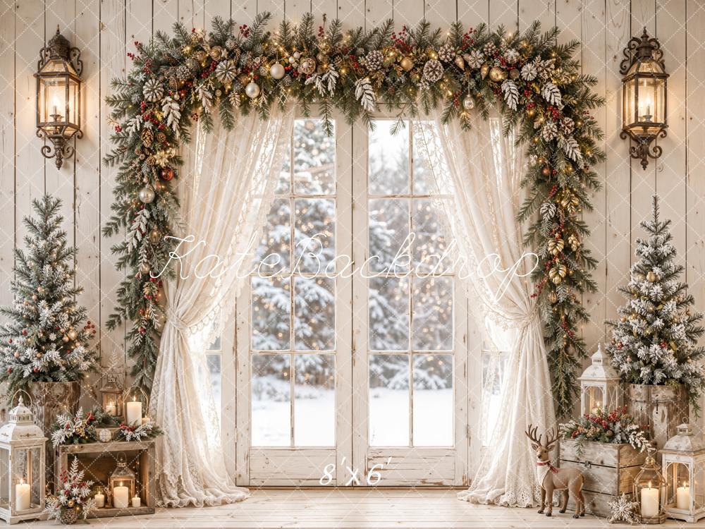 Kate Christmas Winter Window Garland Arch White Curtains Printed Backdrop Designed by Emetselch