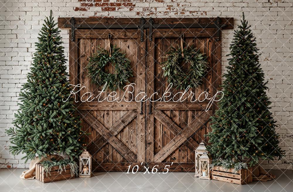 Kate Christmas Wood Barn Door Pine Trees Wreath Backdrop Designed by Emetselch
