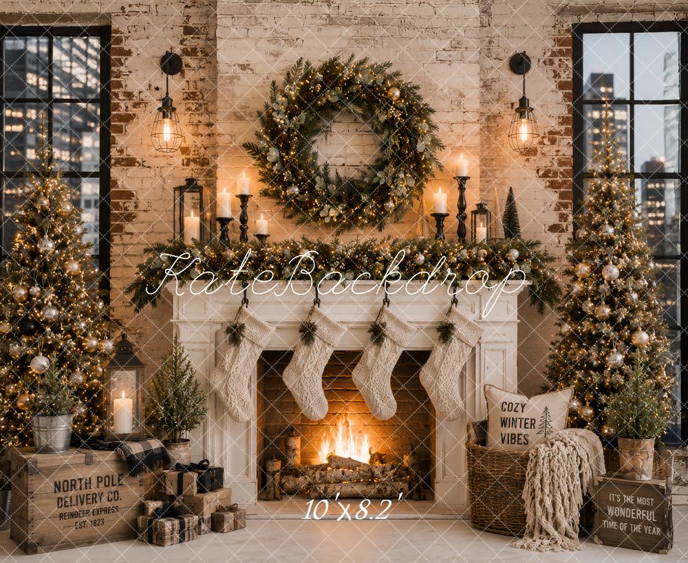 Kate Christmas Urban Fireplace Wreath Stockings Printed Backdrop Designed by Ashley Paul