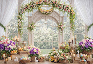 Kate Easter Bunny Flower Arch Pastel Eggs Candles Printed Backdrop Designed by Mini MakeBelieve